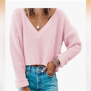 Amazon Women's Pink V-Neck Knit Sweater